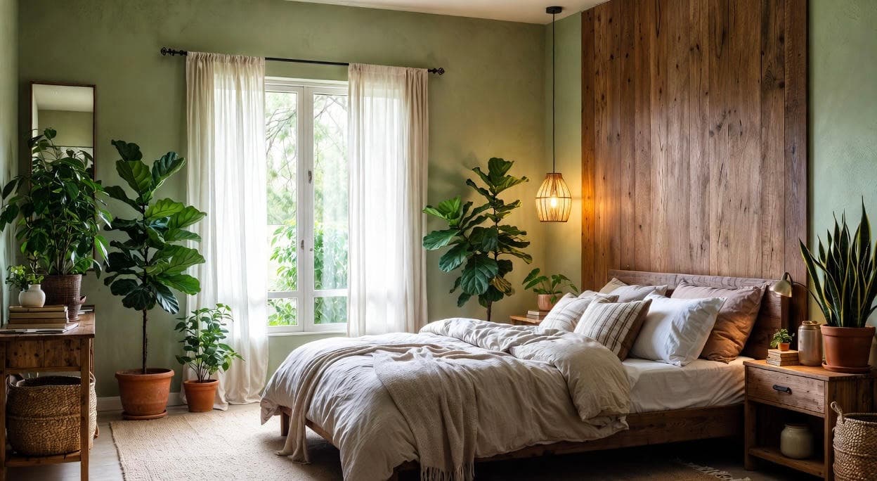 Minimalist sustainable living room with brown chair, natural wood furniture, and warm natural light