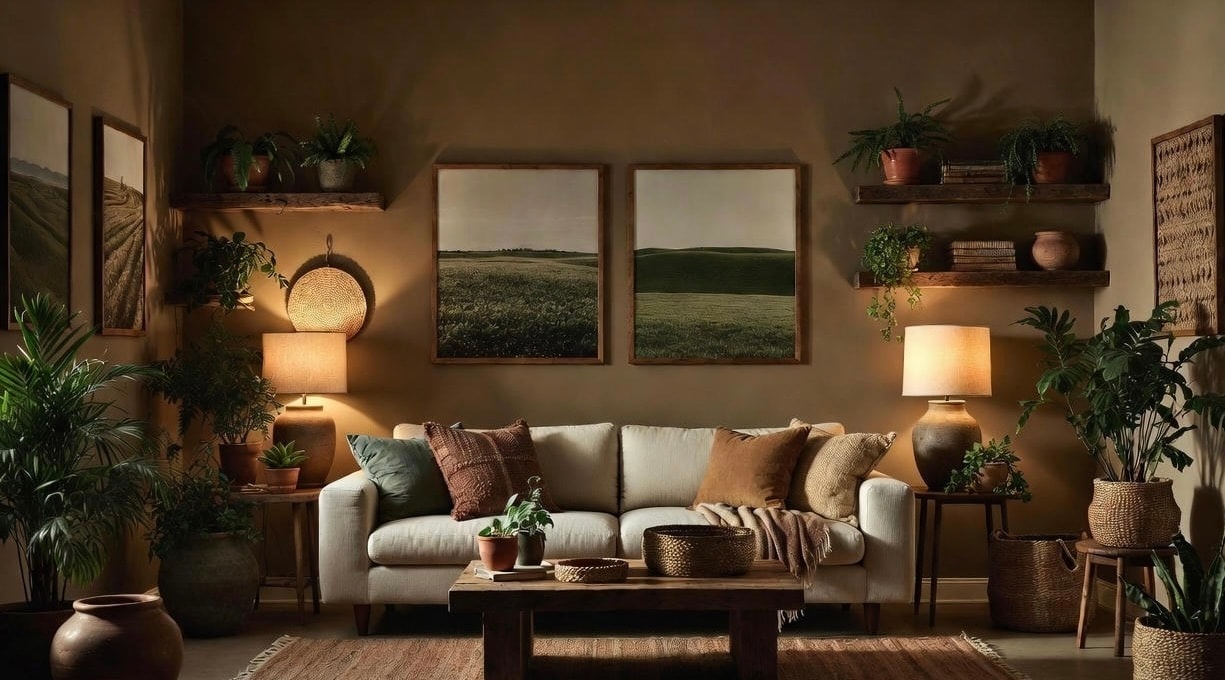 Sustainable minimalist home setup with wood table, plants, and warm earth tones